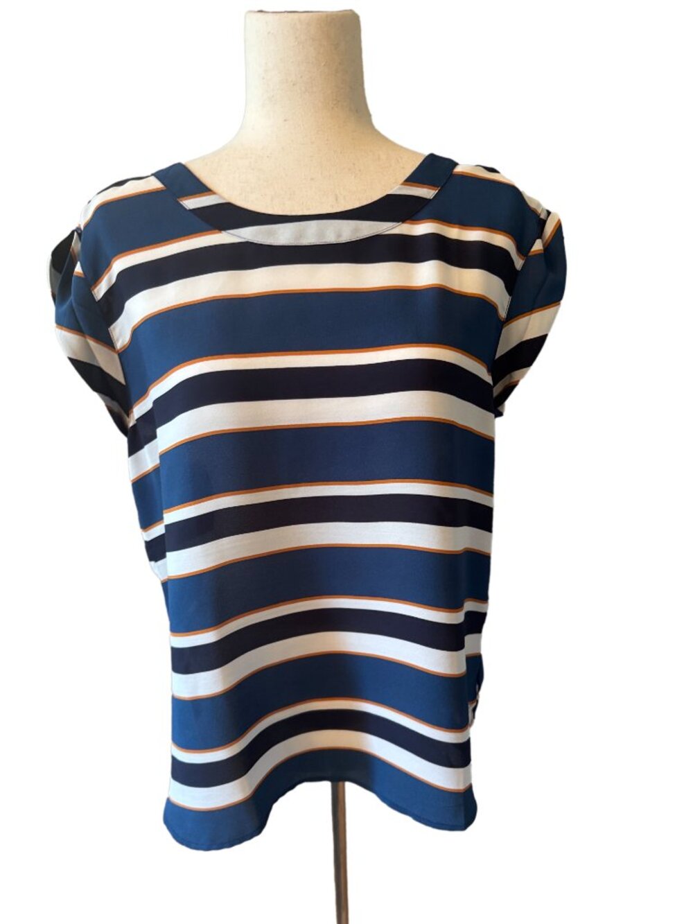 Ann Taylor Factory Navy, White and Gold Striped Cap-Sleeve Blouse